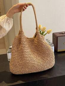 时尚草编手提包，大容量沙滩包，时尚女士手提包，夏季单肩包 - 卡其色 - 查看 3