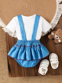 2pcs Baby Girls Cute Solid White Short Sleeve T-Shirt + Bear Graphic Suspender Shorts, Summer Vacation Style - White - View 2