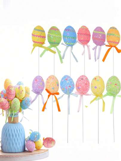 12个闪亮复活节彩蛋装饰标签，复活节彩蛋装饰品，泡沫材质，花卉图案，适用于复活节家庭派对桌面装饰、蛋糕装饰、花园草坪装饰、树木装饰、复活节装饰、派对装饰、复活节礼物