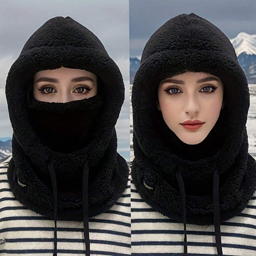 Pasamontañas de invierno con forro de piel sintética - Capucha completa + orejeras + cuello, máscara de esquí elegante, adecuada para esquiar, hacer snowboard y actividades al aire libre en clima frío - Negro - Ver 1