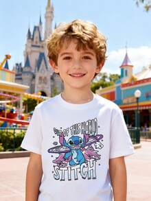 Disney Girls' T-Shirt, Creative Stitch Cartoon Alphabet Print, Summer Cotton Crew Neck Short Sleeve For Girls, Perfect For Everyday Wear, Vacations, Outdoor Activities, And As A Gift For Children. - trắng - Xem 1