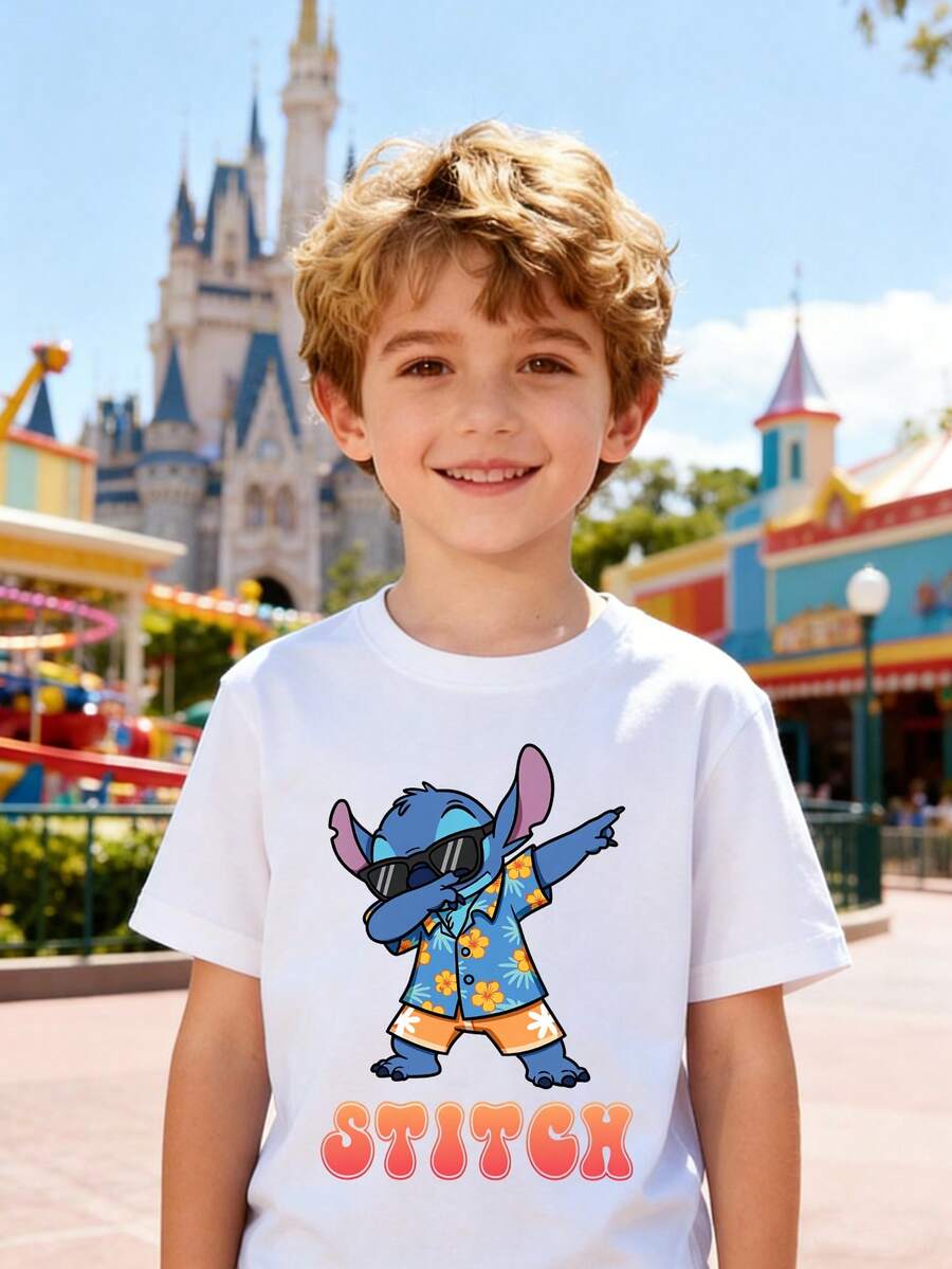 Disney Boys' T-Shirt, Featuring A Creative And Adorable Stitch Alphabet Cartoon Print. This Summer Cotton Crew-Neck Short-Sleeve Shirt Is Perfect For Everyday Wear, Vacations, Outdoor Activities, And As A Gift For Children. - 白色 - 查看 1