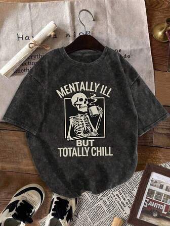 Plus-Size Women's , Cool, Dark, And Fun Everyday Style. This Retro-Style Distressed T-Shirt Features A Skull Holding A Drink, A Self-Deprecating Slogan Print, And Lettering. Made Of Comfortable Washed Fabric, It Has A Round Neck And Short Sleeves. A Casual And Versatile Streetwear Top, Perfect For Spring/Summer, Suitable For Everyday Wear, Commuting, And Gatherings With Friends.