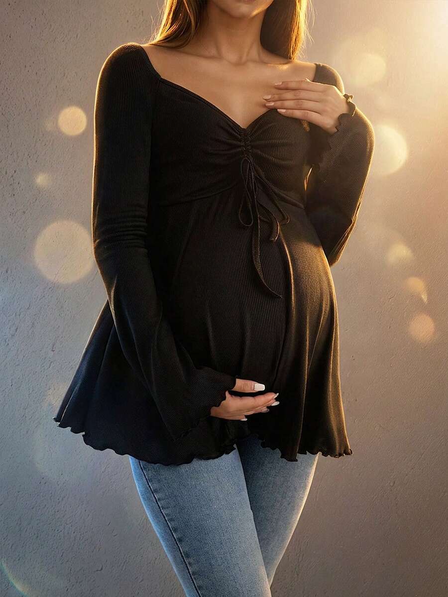 孕妇甜心领罗纹抽绳喇叭下摆钟形袖衬衫