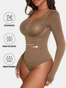 Body de mujer de unicolor acanalado de manga larga moldeador de verano - Beis - Ver 4