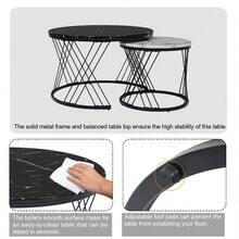 2-Piece Nesting Coffee Tables, Round Marble Pattern Top With Gold Frame, Space Saving Side Table Set For Living Room & Bedroom, White & Black - White+Black - View 9