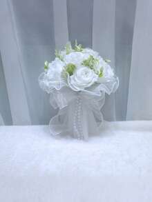 Artificial Rose Bouquet, Forest Style Fake Rose Ball Decorated With Green Leaves And Lace Ribbons, Perfect For Weddings, Engagements, Bridal Bouquets, Valentine's Day, Birthday Gifts, Photography Props, Wedding Decor, And Home Decor. - Multicolor - View 11