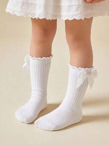 1 Pair Cotton Girls/Toddlers Bow Solid Color Knee High Socks, School Style - White - View 6