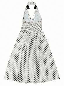 Women's Elegant Polka Dot Sleeveless V-Neck Midi Dress, Suitable For Daily Wear And Gatherings, Spring/Summer - White - View 2