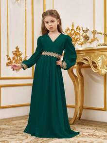ALISA&LEO Girls Elegant V-Neck Long Lantern Sleeve Maxi Dress With Gold Embroidery Waist For Wedding Guest, Eid, Evening Party & Special Occasions - Dark Green - View 5