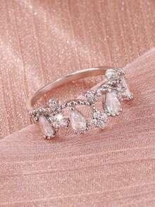 1 pieza Anillo de corona de circonita versátil y de moda, estilo europeo y americano, regalo para mujeres en el Día de San Valentín, Día de la Madre, cumpleaños, fiesta - Plateado - Ver 2