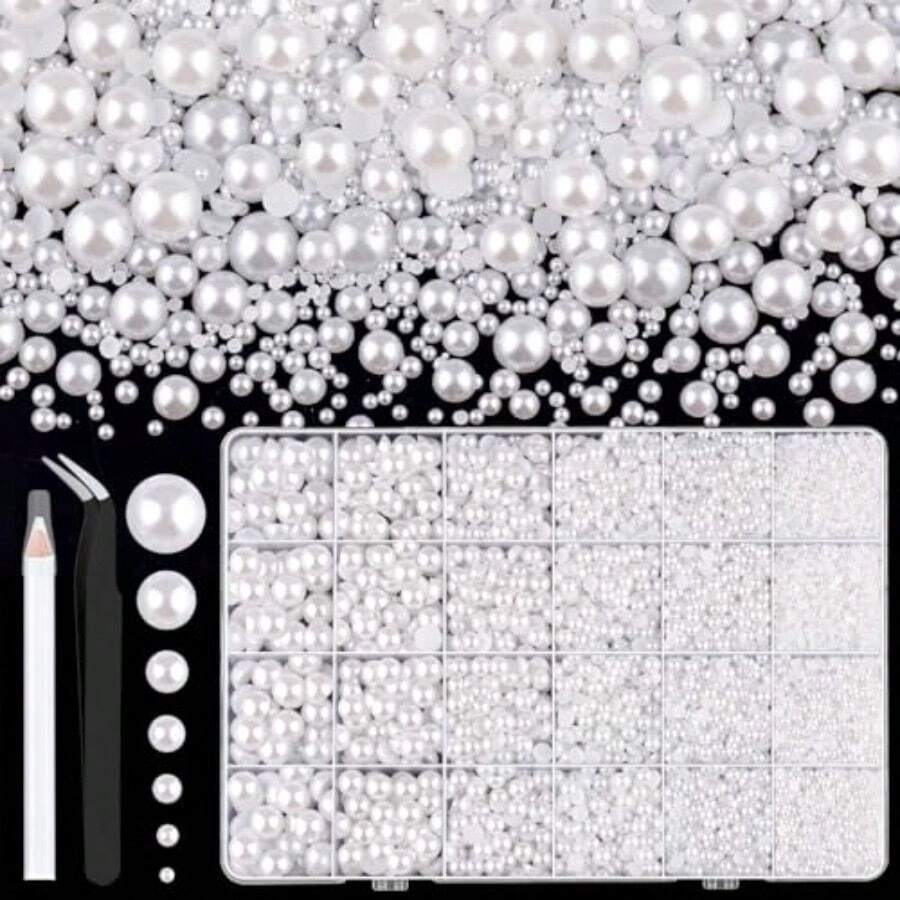 14000Pcs Flatback Pearls For Crafting White Assorted Size 2/3/4/5/6/8/10mm Half Pearl Bead Gems With 3Pcs 10ml B7000 Jewelry Glue Bedazzling Kit For Crafts Shoes Graduation Cap Nail Art - Gói lớn - Xem 1