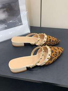 Women's Flat Slip-On Shoes With Studs, Chunky Heel, Closed Toe, Half-Backless, New Style For Outdoor Wear, Pointed Toe, Low Heel, Rhinestone PU Leather Soft Skin Mule Shoes - Camel - View 11