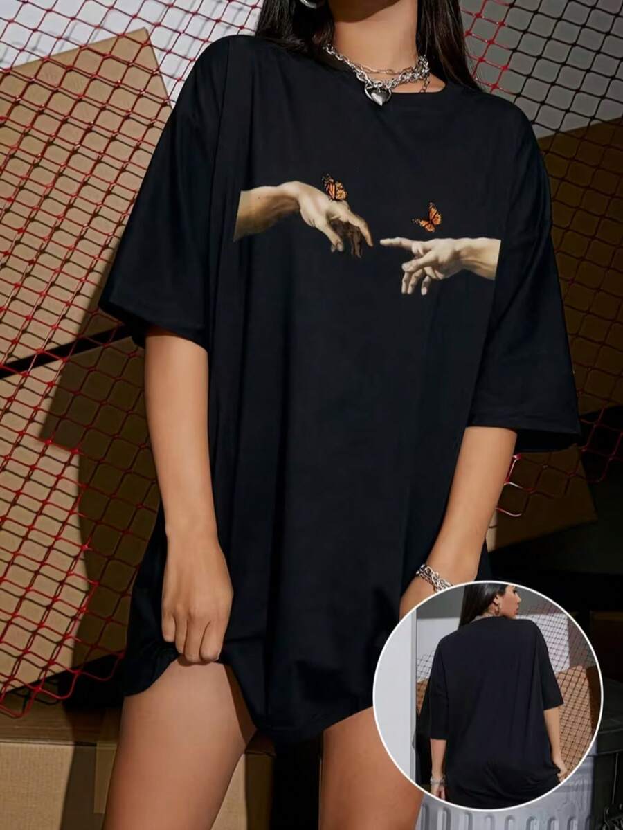 [Casual Half Sleeve] Graphic Print Oversized T-Shirt, Casual Crew Neck Half Sleeve T-Shirt For Spring & Summer, Women's Clothing - 黑色 - 查看 1
