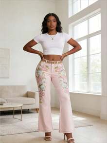 Women's Retro Pink Rose Embroidered Artistic Print Jeans With Elegant Temperament - 粉色 - 查看 4