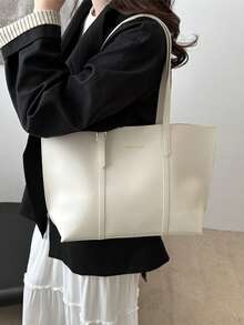 Bộ 2 túi xách cỡ lớn màu trơn, gồm túi đeo vai và ví cầm tay, được làm từ da PU, phù hợp cho nữ giới sử dụng hàng ngày, đi làm và mua sắm, cũng lý tưởng cho mẹ và con gái, món quà tuyệt vời nhất cho Ngày của Mẹ. - Màu be - Xem 2