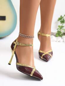 1 Pair Contrast Color Fashion Buckle Pointed Toe Hollow Out Stiletto High Heel Shoes, Suitable For Outdoor Wear All Seasons - Burgundy - View 3