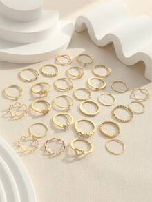 28pcs Smooth Geometric Heart Rhinestone Shaped Fashion Rings, Classic French Style Stackable Thin Band Gold Color Rings For Women - Gold - View 5