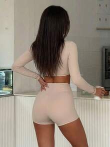 Women's New Minimalist Fitted Yoga Versatile Solid Deep V-Neck Long Sleeve Cropped Top And High Waist Shorts 2 Pieces Set Spring - Apricot - View 6