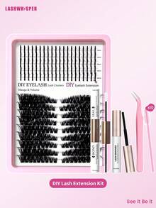DIY Eyelash Extension Kit - Pointed Single Lashes, D-Curl Fluffy Lash Clusters, Manga Fairy Style - Pink - View 13