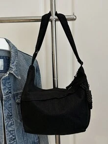 Fashionable Solid Color Nylon Waterproof Shoulder Bag, Casual Minimalist College Style, Wide Strap, Multiple Zipper Design, Suitable For Students, Commuting, Shopping, Daily Use - Black - View 8