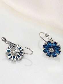1 Pair Blue Flower CZ Zirconia Hoop Earrings For Women Girl Daily Wear Party Wedding Gift - màu xanh da trời - Xem 9