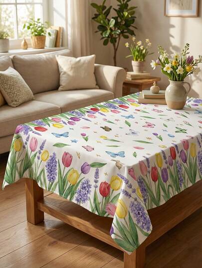 1pc Spring Tulip & Butterfly Tablecloth - A Watercolor Garden Of Tulips And Hyacinths For A Fresh Spring Table | Soft Pastel Decor For Coffee Table, Dining Or Brunch