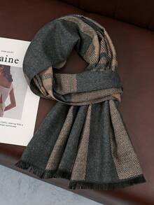 1pc Classic Striped & Plaid Print Warm Thick Scarf, Unisex Fashion Casual Couple Neck Warmer, Suitable For Daily Wear, Autumn/Winter - Camel - View 2