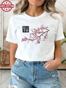 1PC 100%Cotton Sakura Blossom Japanese Print Women's Short Sleeve TShirt, Winter Base Layer Shirt. - White - View 1