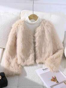 Girls Khaki Faux Fur Long Sleeve Jacket, Fashion Khaki Faux Fur Coat For Girls In Autumn/Winter