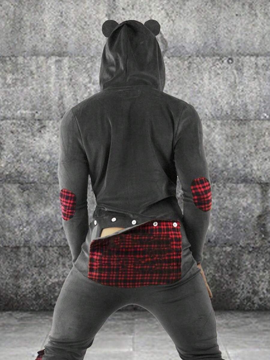 Pijama Enterizo con Capucha para Hombre - Mono de Dormir Ajustado, Conjunto de Ropa de Cama Cómodo y Suave, Pijama de Una Pieza - Gris Oscuro - Ver 1