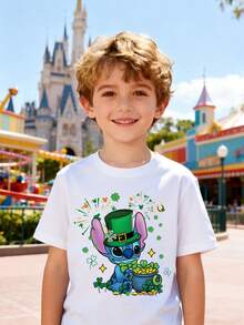 Disney Boys' T-Shirt, St. Patrick's Day Creative And Cute Stitch Cartoon Print, Summer Boys' Cotton Crew Neck Short Sleeve, Suitable For Everyday Wear, Holidays, Outdoor Activities, And As A Gift For Children. - White - View 1