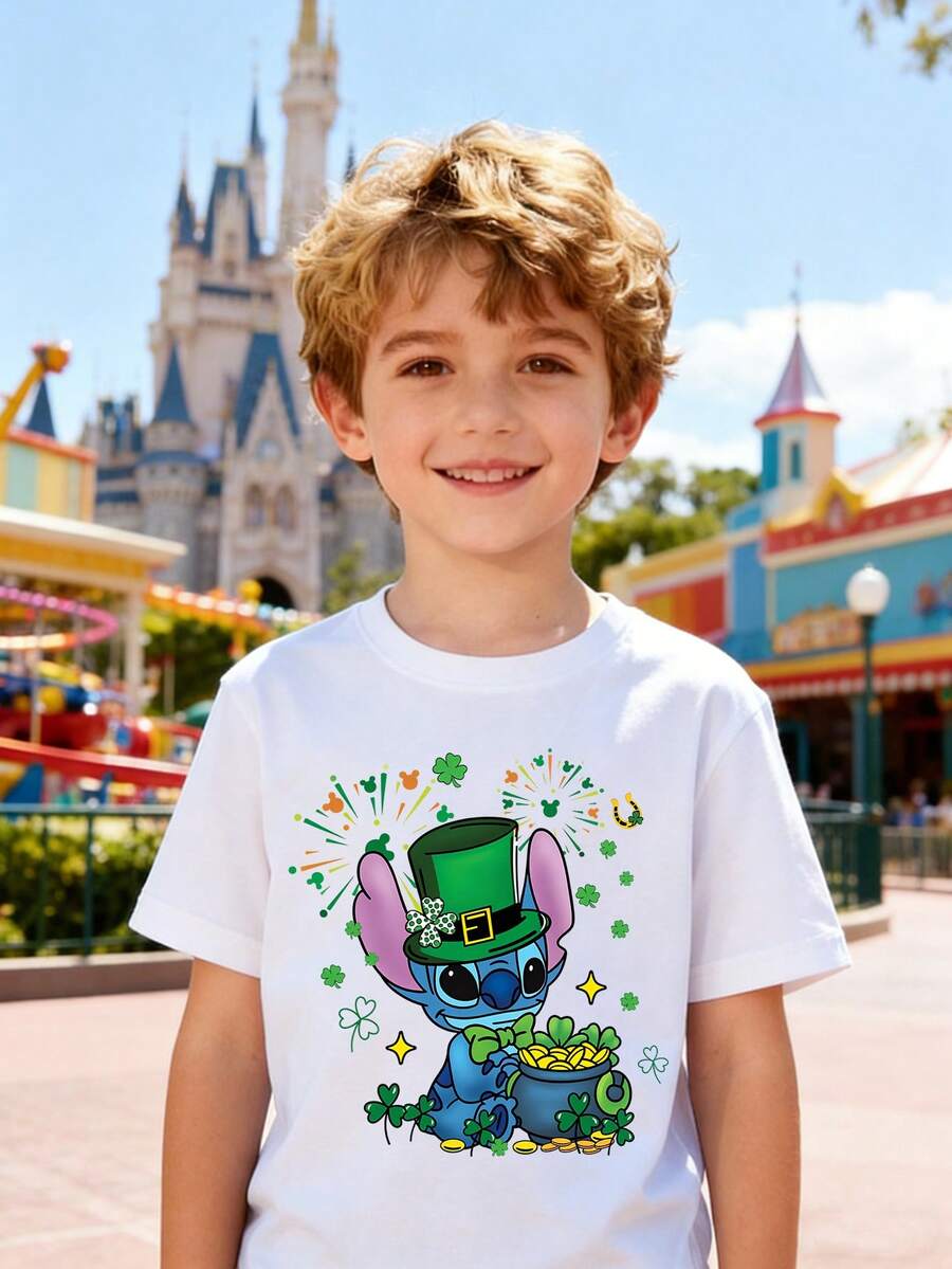 Disney Boys' T-Shirt, St. Patrick's Day Creative And Cute Stitch Cartoon Print, Summer Boys' Cotton Crew Neck Short Sleeve, Suitable For Everyday Wear, Holidays, Outdoor Activities, And As A Gift For Children. - White - View 1