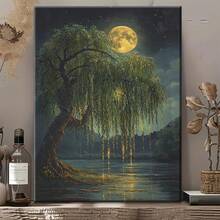 1pc Canvas Wall Art,Weeping Willow Pattern Framed Painting Under The Bright Moon, 1 Piece Creative Canvas Wall Art, Modern Home Living Room Bedroom Study Room Decoration., Ideal Christmas New Year Valentine's Day Gift - Multicolor - View 1
