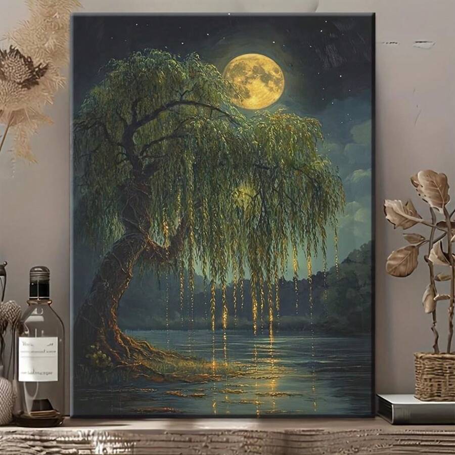 1pc Canvas Wall Art,Weeping Willow Pattern Framed Painting Under The Bright Moon, 1 Piece Creative Canvas Wall Art, Modern Home Living Room Bedroom Study Room Decoration., Ideal Christmas New Year Valentine's Day Gift - Multicolor - View 1