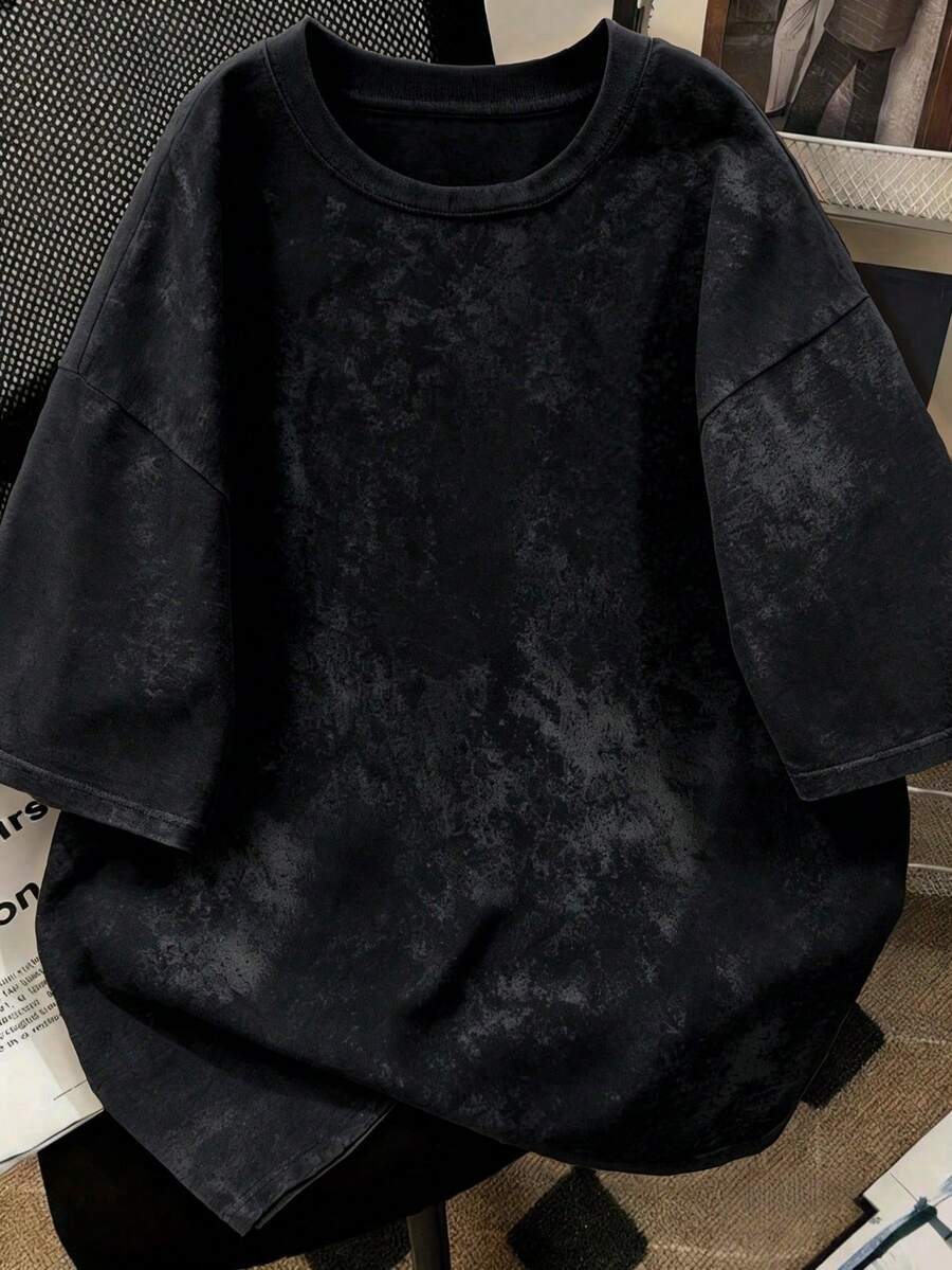 1件女款時尚夏季圓領寬鬆休閒短袖T恤上衣,水洗紮染布料,適合辦公室、校園、日常、約會、聚會,黑色,透氣 - 黑色 - 查看 1