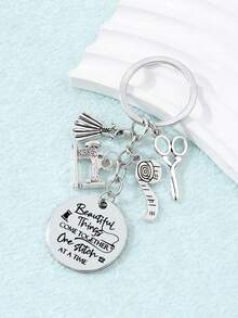 1pc Sewing Machine, Dress, Scissors, Tape Measure Alloy Pendant Stainless Steel Plate DIY Keychain Versatile Bag Charm - Antique Silver - View 4