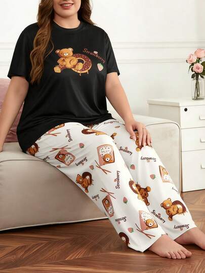 大码女式宽松可爱小熊印花T恤和裤子睡衣套装，春夏款