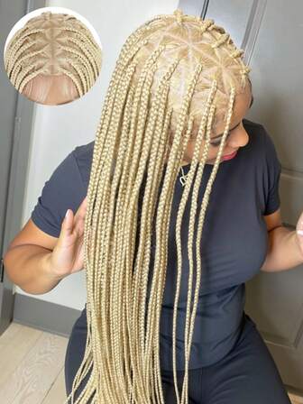 32英寸盒式辫假发，三角形盒式辫假发，蕾丝前额无结编织合成假发，预先拔毛并带有婴儿发