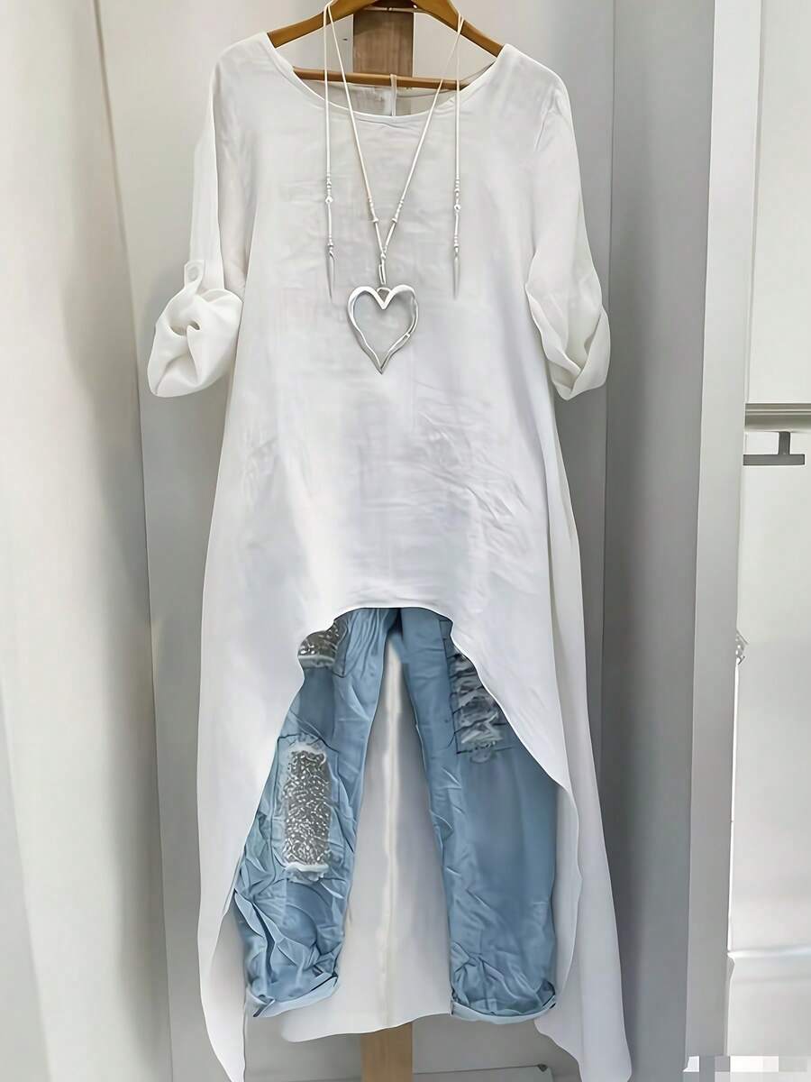 Women's Linen Irregular Long Top, Round Neck, Loose Fit, Retro Style, Shorter In The Front And Longer In The Back, Elegant And Versatile For Spring And Autumn, Fashionable And Unique Shirt. - trắng - Xem 1