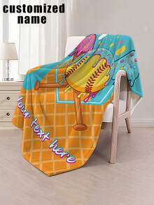 1pc Customizable Baseball Themed Fleece Blanket, Featuring Ice Cream, Sprinkles, And Waffle Texture Design, Soft & Comfortable, Machine Washable, Digital Printed Polyester Fabric, Suitable For Sofa, Bed, Travel, Camping, Living Room, Office, Seats - Great Gift For Family And Friends - Multicolor - View 3