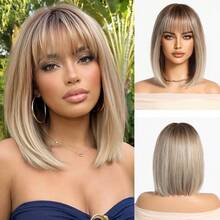 14 Inch Short Blonde Bob Wig Straight With Bangs Ombre Blonde Synthetic Wig For Women Heat Resistant For Women Daily Party New Year Use - Vàng - Xem 12