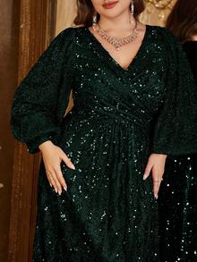 UNITHORSE Đầm dạ hội cỡ lớn dành cho nữ, kiểu dáng thanh lịch, cổ chữ V, tay phồng, eo nhún, đính sequin, màu trơn, thích hợp cho tiệc tùng, cô dâu, sinh nhật, lễ tốt nghiệp, đám cưới mùa xuân. - Màu xanh lá cây đậm - Xem 6