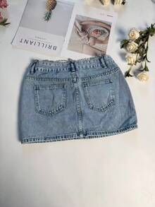 时尚女士迷你牛仔裙，直筒版型，饰有链条，休闲无弹牛仔面料 - 藍色 - 查看 6