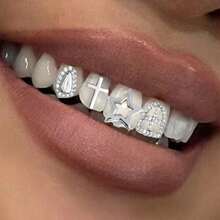 1 Pc Hollow Cross Set With Diamonds Tooth Grillz, Adjustable Hip Hop, Nightclub, Party Decoration, Unisex Gift, Stage Prop - Gold - View 4