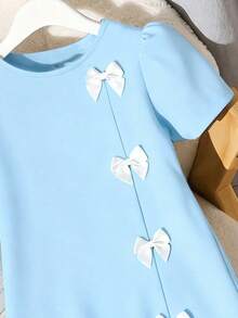 Distinctive Black A-Line Dress For Teen Girlwith Elegant 3D Bow Detail, Puff Sleeves And Front Slit - Polyester, Knee-Length, Teenage Party Dress, Spring/Summer - Baby Blue - View 4