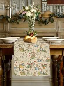 1 pieza Mantel con diseño de conejo de Pascua y flores, decoración de primavera y fiesta de Pascua, tela de poliéster, forma rectangular con acentos de conejo y flores de colores, adecuado para fiesta de Pascua o decoración de mesa de temporada - Verde - Ver 5