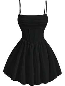 Ruched Corset Mini Dress - Women's Spaghetti Strap Skater Dress With Flowy Fit & Flare Skirt For Date Night - 黑色 - 查看 1