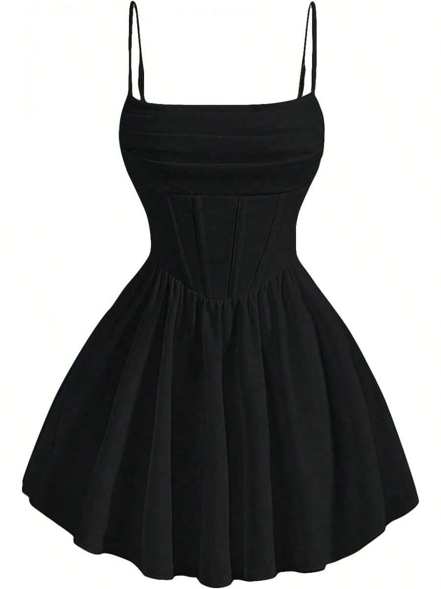Ruched Corset Mini Dress - Women's Spaghetti Strap Skater Dress With Flowy Fit & Flare Skirt For Date Night - 黑色 - 查看 1