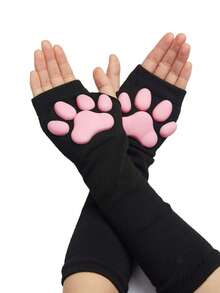 1 Pair Cute 3D Knit Cat Paw Gloves - Silicone Paw Print Fingerless Sleeves For Cosplay, Role Play Costume Party Accessories - 黑色 - 查看 5